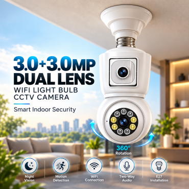 3.0 + 3.0 MP Indoor Wifi Light Bulb Cctv Camera Dual Lens (Memory Card Not Included)
